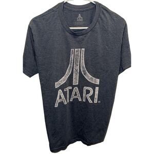 Size M - Men’s Atari Grey Distressed Logo Short Sleeve Tee Shirt - Grey/White